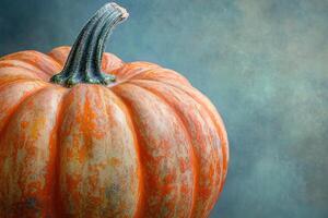 Close-up of an orange pumpkin with a green stem against a blue-green background. photo