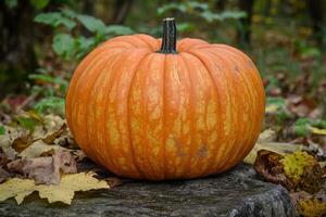 A Single Orange Pumpkin Resting on a Rock Amidst Fallen Autumn Leaves photo