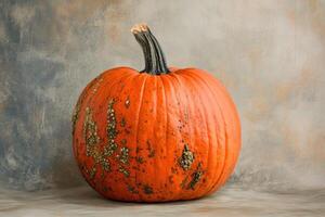 A Single Orange Pumpkin with Warts on a Beige Background photo