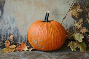 A Single Pumpkin Resting on a Rustic Wooden Surface Surrounded by Autumn Leaves photo