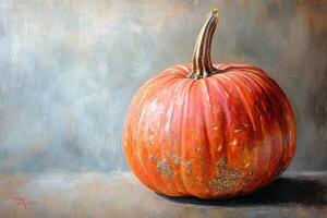 A Single Orange Pumpkin Resting on a Textured Surface photo