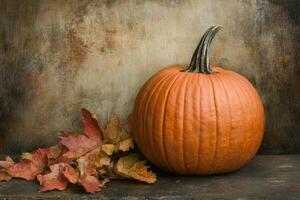 A Single Pumpkin with Autumn Leaves Against a Rustic Background photo