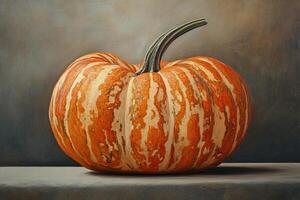 A Single Striped Orange Pumpkin with a Green Stem photo
