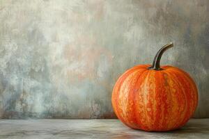 A Single Orange Pumpkin Against a Textured Gray Background photo
