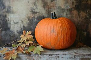 A Single Pumpkin with Autumn Leaves Resting on Weathered Wood photo