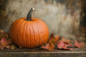 A Single Pumpkin Resting on a Wooden Surface with Autumn Leaves photo