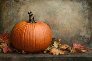 A Large Orange Pumpkin Resting Among Autumn Leaves photo
