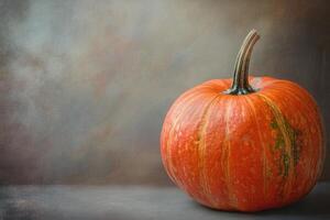 Single Ripe Orange Pumpkin on a Gray Background photo