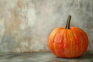 A Single Orange Pumpkin Resting on a Weathered Tabletop photo