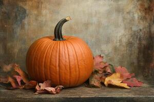 A Single Pumpkin with Autumn Leaves on a Rustic Wooden Surface photo