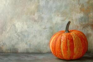 Single Orange Pumpkin on Rustic Wood Plank and Grunge Wall photo
