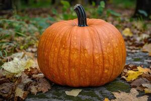 A Single Orange Pumpkin Resting on Fallen Leaves in the Autumn Forest photo