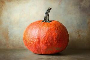 A Single Orange Pumpkin on a Rustic Wooden Tabletop photo