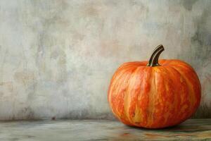 A Single Orange Pumpkin with Yellow Stripes on a Wooden Tabletop photo