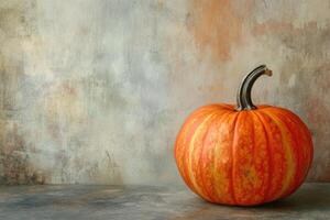 A Single Orange Pumpkin Against a Textured Background photo