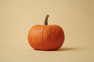 A Single Orange Pumpkin Against a Beige Background photo