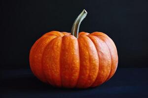 A Single Orange Pumpkin with a Green Stem on a Dark Background photo