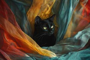 Black Cat with Bright Yellow Eyes Amidst Colorful Fabric photo