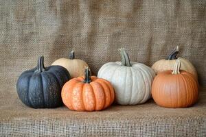 Six Pumpkins of Various Colors and Sizes on Burlap Fabric photo