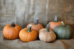 Assorted Pumpkins Resting on Burlap Fabric photo