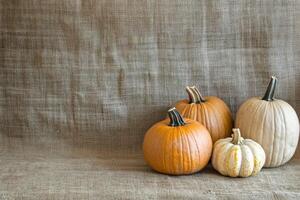 Four Pumpkins on a Burlap Background photo