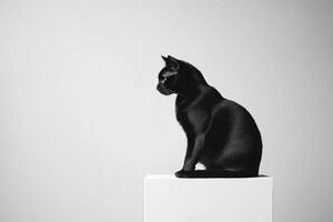 Black Cat Sitting on White Cube Against a White Background photo