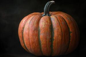 Close-up of a Ripe Orange and Green Striped Pumpkin photo