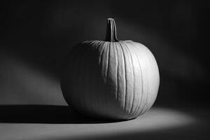 A Single White Pumpkin with a Rough, Cracked Texture, Illuminated from Above, Resting on a Dark Surface photo