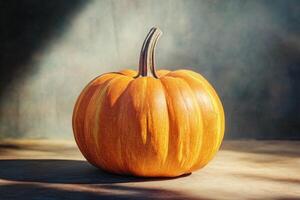 A Single Orange Pumpkin with Yellow Stripes on a Wooden Surface photo