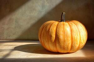 A Single Pumpkin with Stripes in Sunlight photo