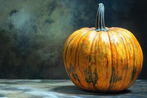 A Single Striped Pumpkin on a Grey Surface photo
