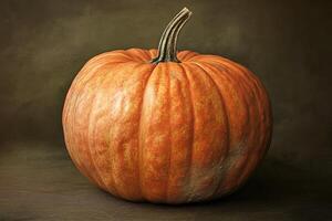A Single Orange Pumpkin with a Green Stem on a Brown Surface photo