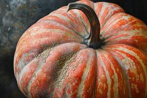 Close-Up of a Striped, Orange Pumpkin with a Dark Stem photo