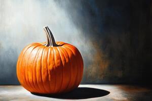 A Single Orange Pumpkin with a Stem Resting on a White Surface Against a Dark Background photo