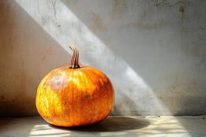 A Single Pumpkin Resting Against a Weathered Wall photo