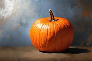 A Single Orange Pumpkin on a Brown and Blue Background photo