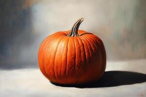 A Single Orange Pumpkin with a Brown Stem on a White Surface photo