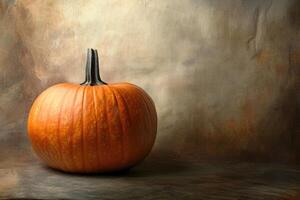 A Single Orange Pumpkin on a Brown Textured Background photo