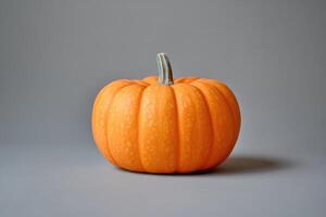 A Single Orange Pumpkin with Green Stem on a Gray Background photo