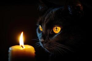 Black Cat with Golden Eyes Gazing at a Lit Candle in Darkness photo