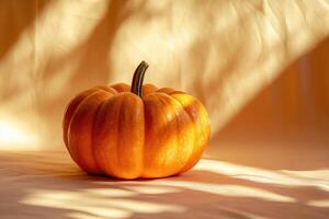 A Single Orange Pumpkin Resting on a Cream-Colored Fabric Surface photo