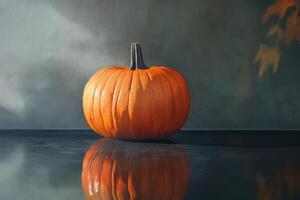 A Single Orange Pumpkin Reflecting in Water photo