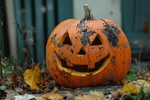 Weathered Jack-o'-Lantern with a Grin Resting Among Fall Leaves photo