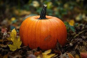 A Single Orange Pumpkin Resting in a Bed of Autumn Leaves photo