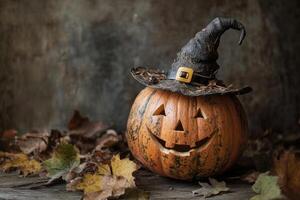 Carved Pumpkin with Witch Hat and Autumn Leaves photo