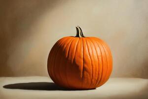 A Single Orange Pumpkin on a Light Brown Background photo