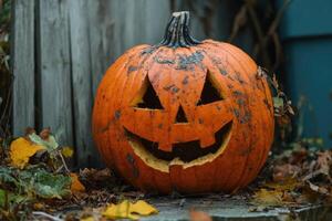 A Carved Pumpkin With a Grinning Face Resting on Fallen Leaves photo