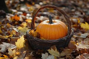 A Single Pumpkin in a Wicker Basket Amidst Fallen Autumn Leaves photo