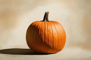 A Single Orange Pumpkin on a Beige Background photo