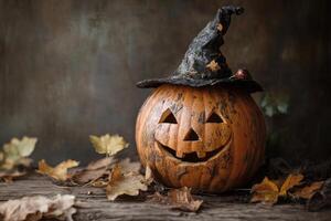 Carved Pumpkin with Witch Hat and Autumn Leaves photo